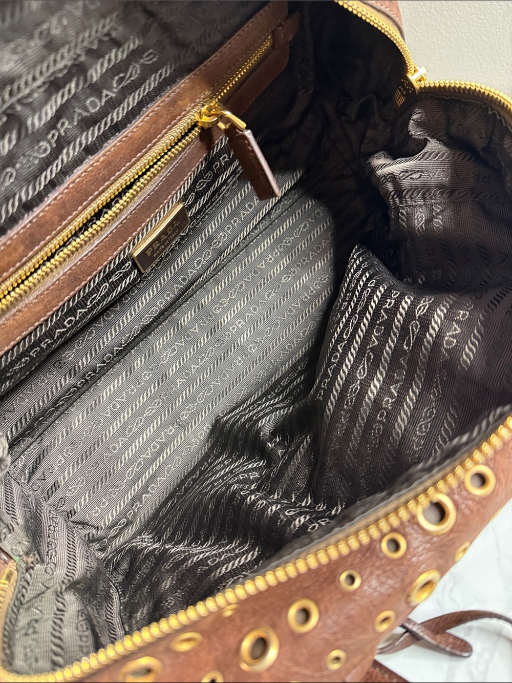 Prada Dark Brown Leather Grommet Satchel with Gold Hardware - Picture 11 of 12